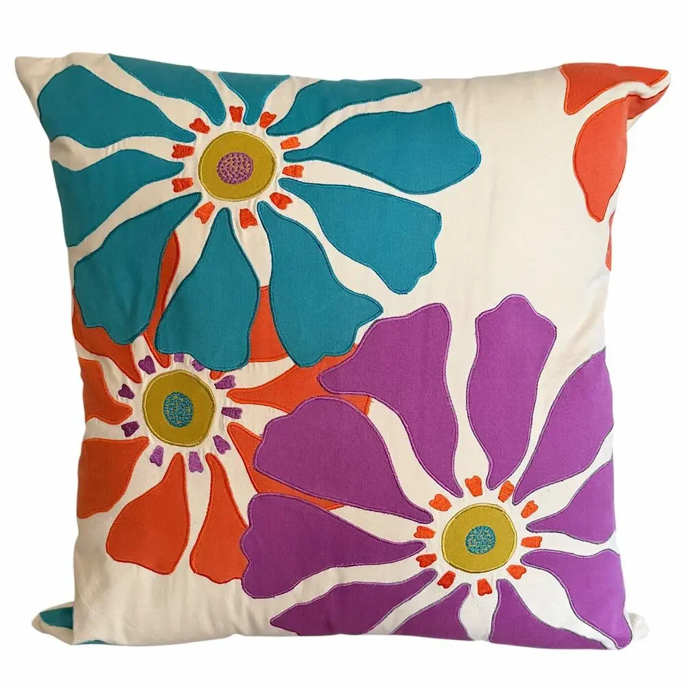 Crate & Barrel Audra Floral Pillow Cover 20x20 Bright Orange Purple Blue VTG